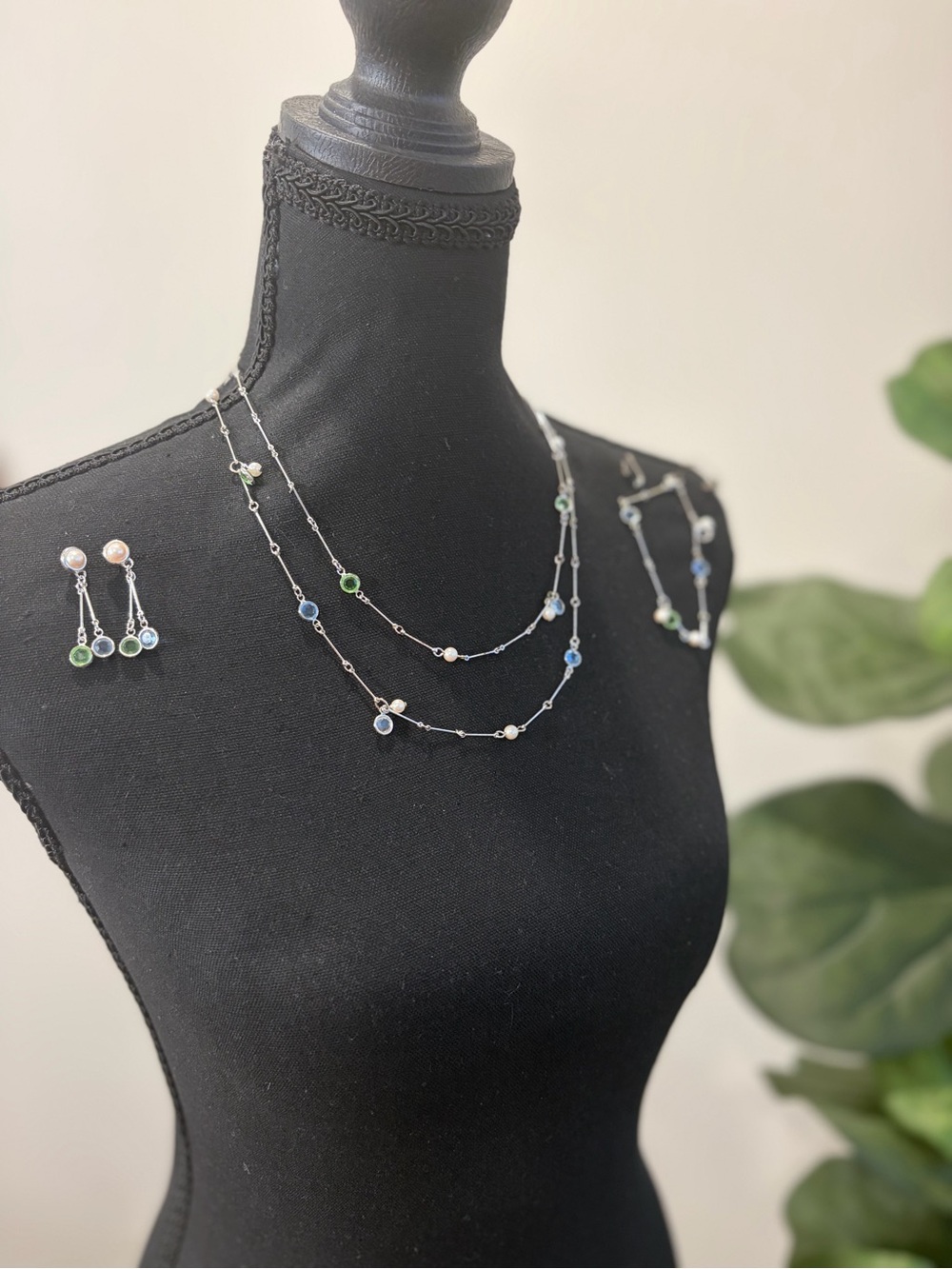 Sterling Silver Multi-Gem Layered Necklace Set - Matching Earrings and bracelet